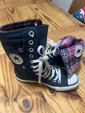 Converse Vintage 90’s  High-Top Canvas Sneakers in Navy with Pink Plaid